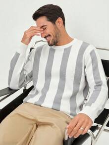 SU ER 1pc Men's Autumn/Winter Casual Striped Knit Top - Light Grey - View 5