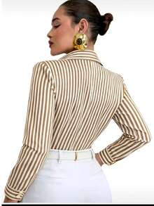 Women's Long-Sleeved Striped Shirt With Buttons, Loose Fit, In Premium Crepe Fabric, No Pockets, , Casual, Elegant - 米色 - 查看 5