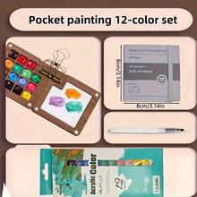 5pcs Mini Acrylic Paint Set, Portable Travel Watercolor Set, 8/15 Grid Palette, Clips, Sketchbook, Brushes, Includes 12 Colors, Wooden Grid Paint Box, Suitable For Painters, Artists - Sets - View 2