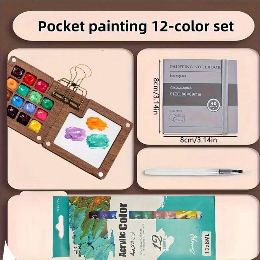 5pcs Mini Acrylic Paint Set, Portable Travel Watercolor Set, 8/15 Grid Palette, Clips, Sketchbook, Brushes, Includes 12 Colors, Wooden Grid Paint Box, Suitable For Painters, Artists