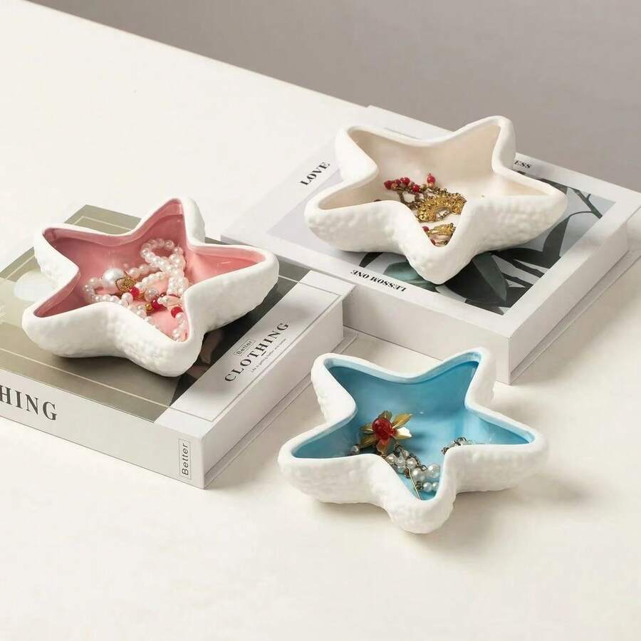 1 pieza Bandeja con forma de concha cerámica, estrella de mar y almeja, cuenco de almacenamiento creativo rosa, contenedor para joyas - 1PC - Ver 1