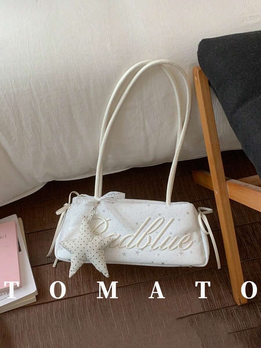 1pc Large Capacity Women's Shoulder Bag, Solid Color Fashion Bowling Bag, Zipper Closure, Letter Embroidery Decoration (Star Charm Not Included), Daily Use Bag, Suitable For Young Women - Travel, Shopping, Classroom, Date, Women's Gift, Office, Work, Travel - White - View 1