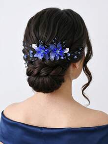 1 pieza Peine para el cabello con flor azul, accesorio elegante para la mujer, adecuado para bodas y fiestas - Azul - Ver 2