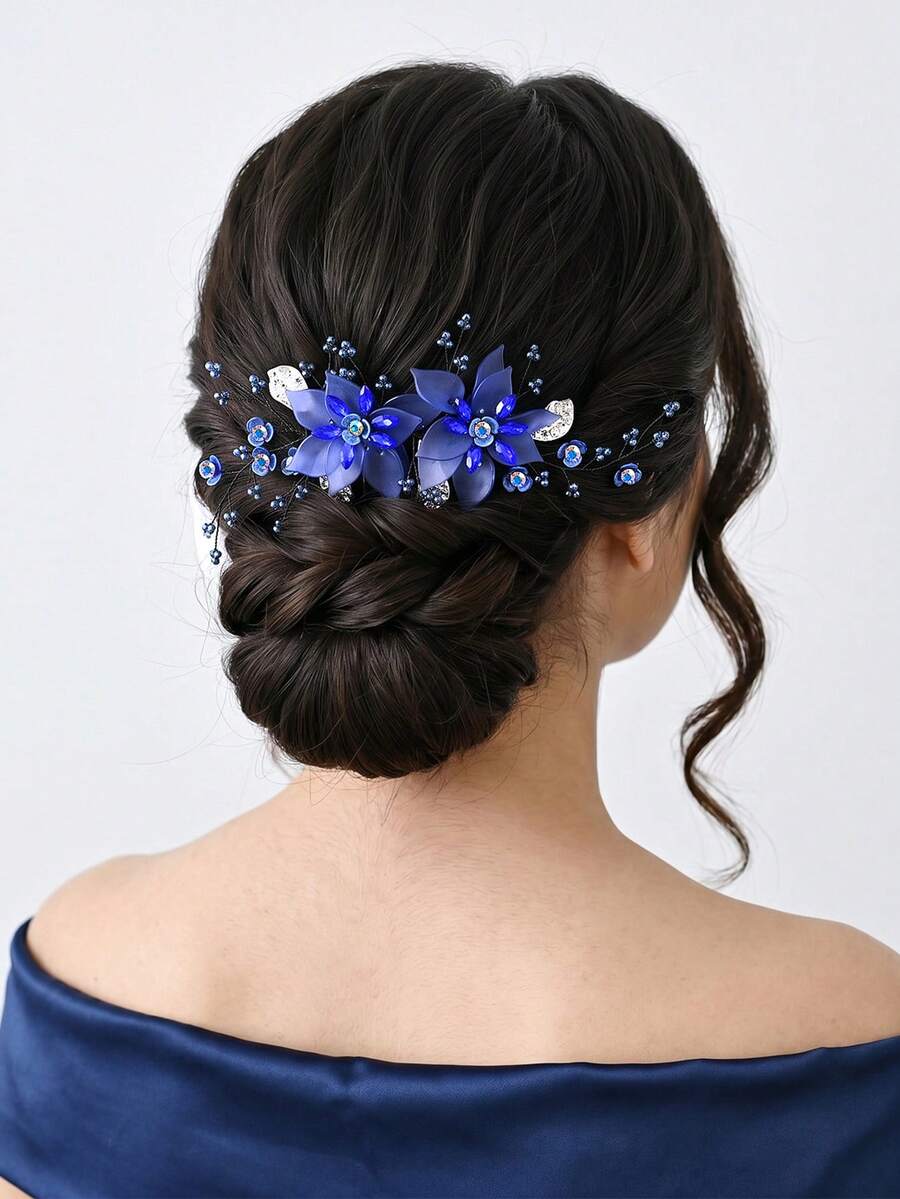 1 pieza Peine para el cabello con flor azul, accesorio elegante para la mujer, adecuado para bodas y fiestas