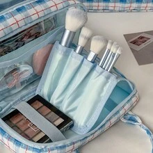 Fresh Blue & Red Plaid Quilted Portable Makeup Bag For Cosmetics And Skincare Storage - Multicolor - View 9