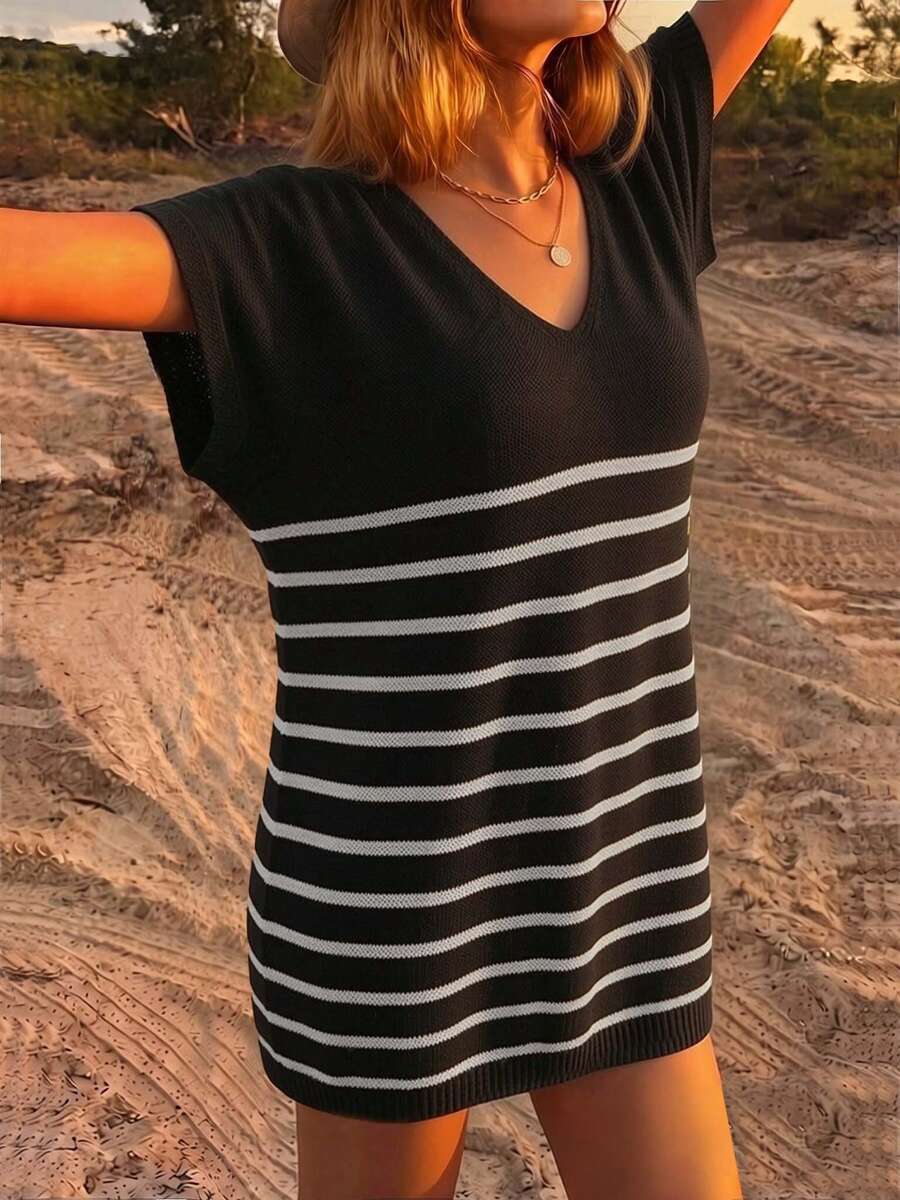 女款夏季波西米亞風條紋V領短袖鉤編針織罩衫洋裝,微彈性面料,黑色,海灘度假適用 - 黑色 - 查看 1