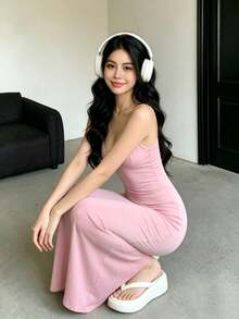 Elegant And Romantic Fitted Lace Dress For A Date Night, Valentine's Day, With Thin Straps And A Long Hem, Pink Color, For A Summer Party - 粉色 - 查看 1