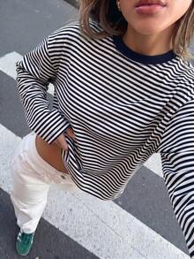 Women's Casual Top, Striped Color Block Ribbed Everyday Wear Spring - Navy Blue - View 4