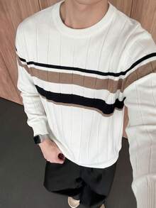 SU ER 1pc Men's Autumn/Winter Casual Striped Knit Top - White - View 8
