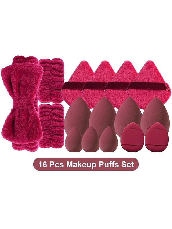 Juego de 6/16 piezas de accesorios de maquillaje color rojo vino, diadema con lazo, bandas para la muñeca, esponjas de polvo triangulares, esponjas de maquillaje grandes y mini en forma de lágrima, esponjas de cojín mini, herramientas de mezcla cosmética suaves, lavables y reutilizables para uso diario