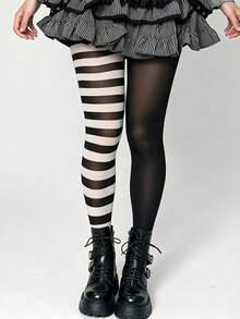 STAR RIVER 1 Pair Black & White Striped Gothic Tights, Y2K Colorblock Leggings, Sweet Lolita Socks, Halloween Cosplay - Multicolor - View 3