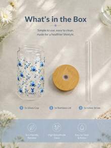 16oz MEOKY Patterned Glass Tumbler With Lid & Straw, Heat-Resistant Borosilicate Cup. Wide Mouth For Ice. Ideal Kitchenware For Home, School & Office Coffee. A Charming Gift For Her. - Dark Blue Small Blue Flower - View 8