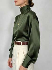 Atasan Wanita Elegan Warna Polos Kerah Tinggi Lengan Panjang Kasual Minimalis untuk Musim Semi/Gugur - Dark Green - View 3