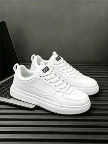 Men's Wide Fit All-Season Breathable Versatile Anti-Slip Anti-Odor Thick Sole Pure White Plus Size Skate Shoes Outdoor Casual Low-Top Lace-Up Oversized Athletic Sneakers, Recommended To Order One Size Up - White - View 4