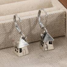 1 Pair Retro Mini House Shaped Earrings For Women, Wave-Style Earring Hook Design, Suitable For Casual Daily Wear - Silver - View 7