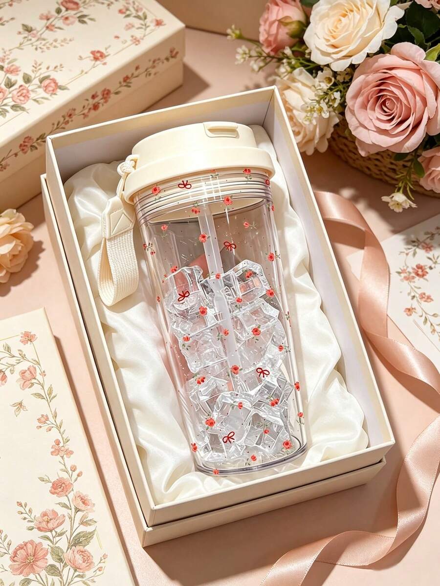 1pc/5pcs 500ml Soft Ribbon Bow Tiny Rose Themed Flip Lid Cup, Transparent Plastic Straw Bottle With Cream Webbing Lanyard, Scattered Mini Bloom Pattern For School Daily Use - Multicolor - View 1