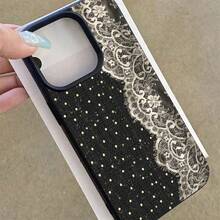 1pc TPU Material Retro Polka Dot Side Lace Pattern Phone Case Compatible With IPhone 17 Pro Max/17/16 Pro Max/15/13/12/11/ S20 FE/A15/S24/A55/ Note 11/Note 12/Note 13 Pro Full Coverage Anti-Drop Soft Shell Protective Cover - Black - View 4