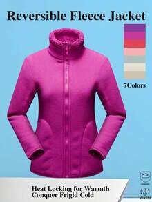 Women's Reversible Stand Collar Fleece Jacket, 2-In-1 Wear, Thick Lambswool Lining, Warm Inner Layer - Hot Pink - View 2