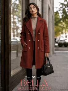 Women's Long Wool Coat, Parka, Or Overcoat, Elegant And With Front Button Closure. - 赤陶紅 - 查看 1