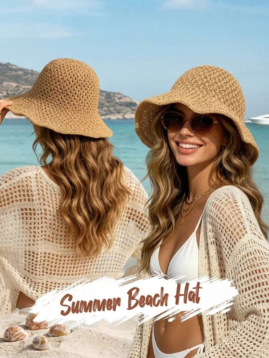 1pc Women's Vacation Style Summer Sun Protection Straw Bucket Hat, UPF 50+ Sun Hat, Suitable For Daily Outdoor Wear And Beach Travel Photography