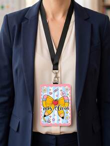 1pc Custom Teacher Name Luggage Tag,Striped Bow Pencil Badge Holder,ID Card Cover,Teacher Appreciation Gift,Back To School,First Of School Staff Tag - Multicolor - View 5