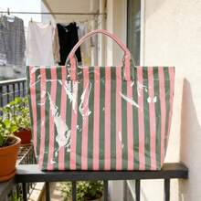Striped PVC Coated Tote Bag, Large Capacity Travel Handbag, Suitable For Beach, Pool, Shopping, Vacation, Picnic And Daily Carry - Green and Pink Stripes - View 2