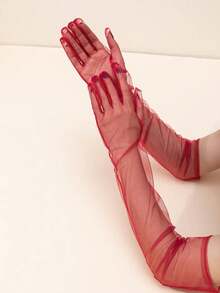 1 Pair Women's Red Mesh Long Evening Dress Party Gloves - Red - View 3