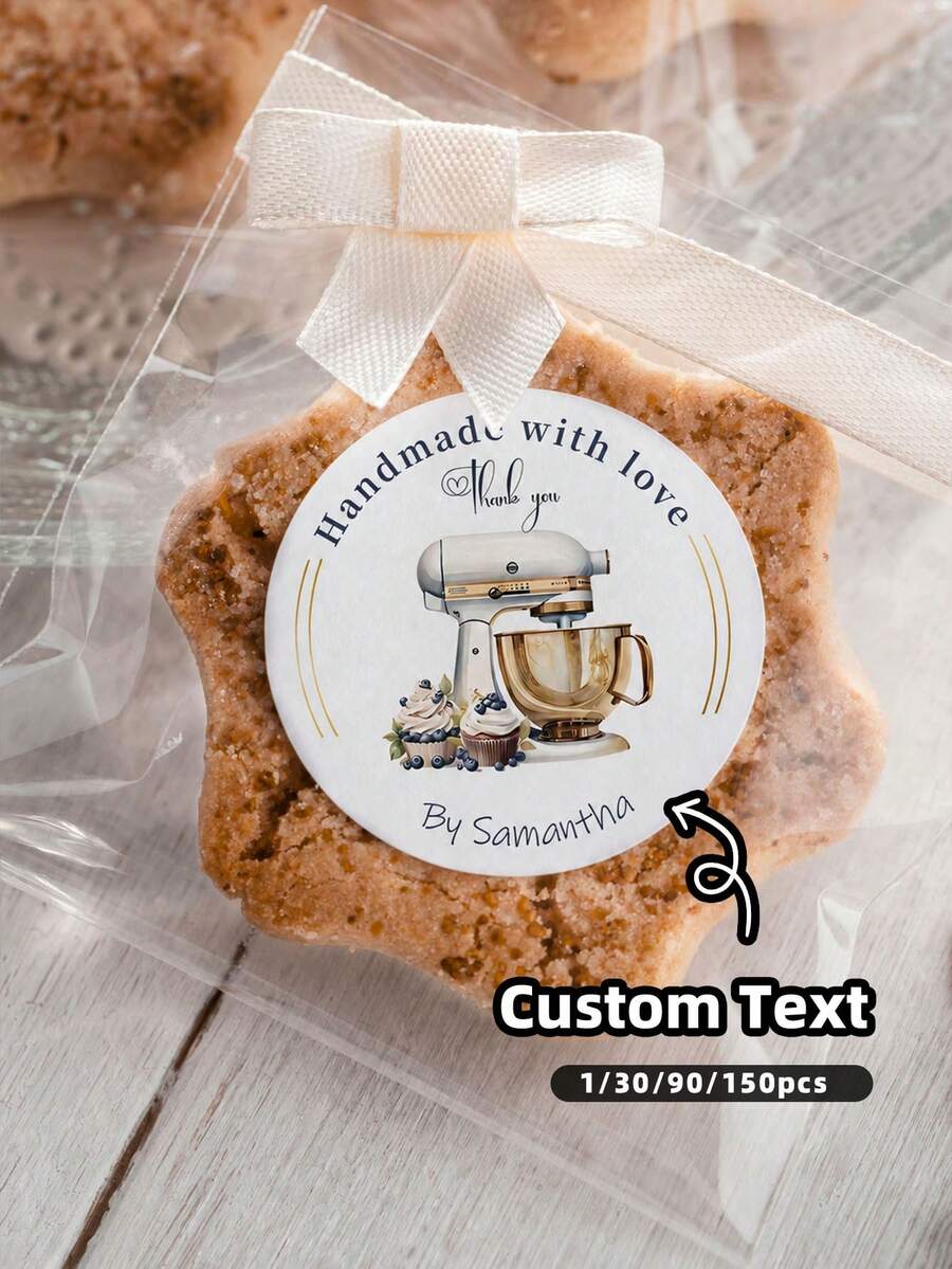 1-150PCS Personalized Stickers Gift Labels, Customized Holiday Stickers, Name Gift Labels, Customizable "Made With Love" Round Stickers, Gift Packaging Stickers, Decorations, Envelope Stickers, Candy Packaging Stickers, Baking Labels, Gift Ideas - White - View 1