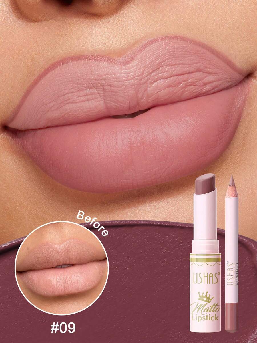 USHAS 2-In-1 Matte Lipstick & Lip Liner Kit, Waterproof & Long-Lasting, Velvet Finish Lipstick And Matching Lip Liner Combo, Non-Stick Cup, All-Day Wear, Nude & Bold Shades For Everyday & Party