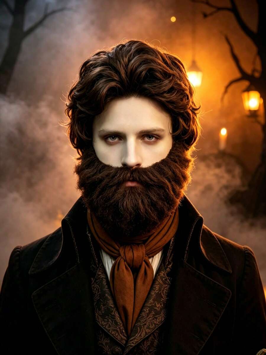 Vintage Fluffy Curly Wig With Thick Beard, European Old Town Mask Market Portrait Photography, Dark Candlelight Forest Fantasy Character Cosplay Full Set - Multicolor - View 1
