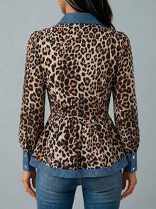 Women's Long Sleeve Petal Sleeve Button Contrast Leopard Print Collar Blouse - Multicolor - View 3