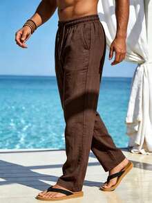 Mercer Haus Men's Brown Linen Long Pants Summer Vacation Style - Coffee Brown - View 6