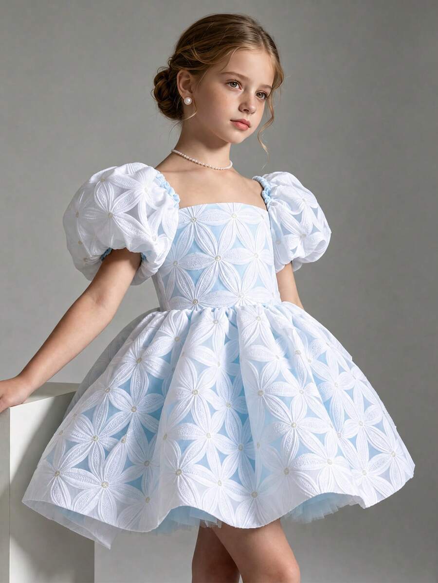 Girls' Elegant Floral Pattern Puff Sleeve Short Dress, Princess Dress For Birthday Party, Graduation Dance, Evening Gala, Outdoor Vacation, Wedding, Spring/Summer - Baby Blue - View 1
