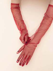 1 Pair Women's Red Mesh Long Evening Dress Party Gloves - Red - View 2