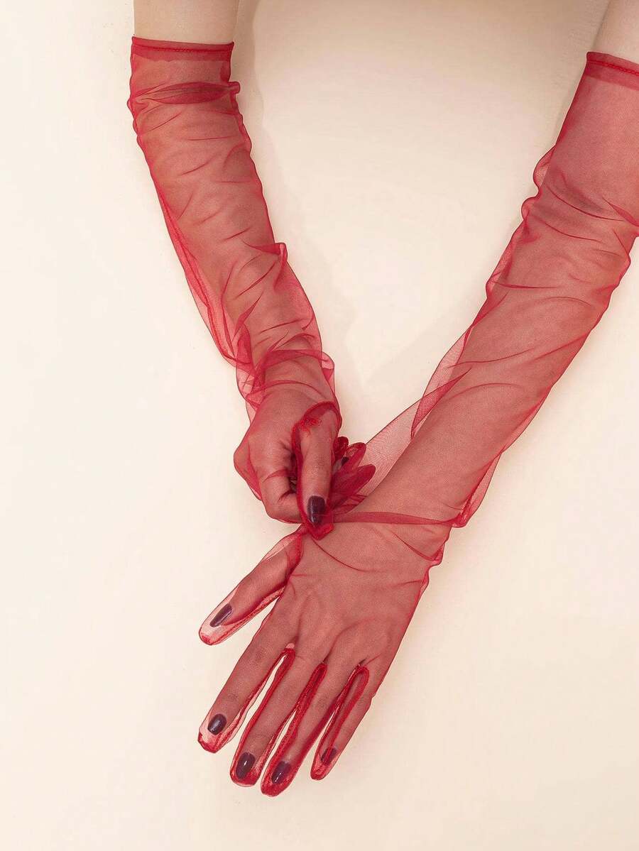 1 Pair Women's Red Mesh Long Evening Dress Party Gloves