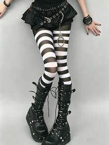STAR RIVER 1 Pair Black & White Striped Gothic Tights, Y2K Colorblock Leggings, Sweet Lolita Socks, Halloween Cosplay - Multicolor - View 9