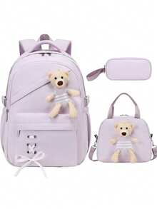 3pcs Set Solid Color Cute Bear (Detachable) Backpack Set, Cute School Bag With Bow Ribbon (Detachable), Crossbody Bear Lunch Bag, Zipper Closure, Large Capacity Multi-Pocket Lightweight School Bag, Suitable For Various Occasions, Campus Backpack, Travel Backpack, Back To School Gift - A - View 15