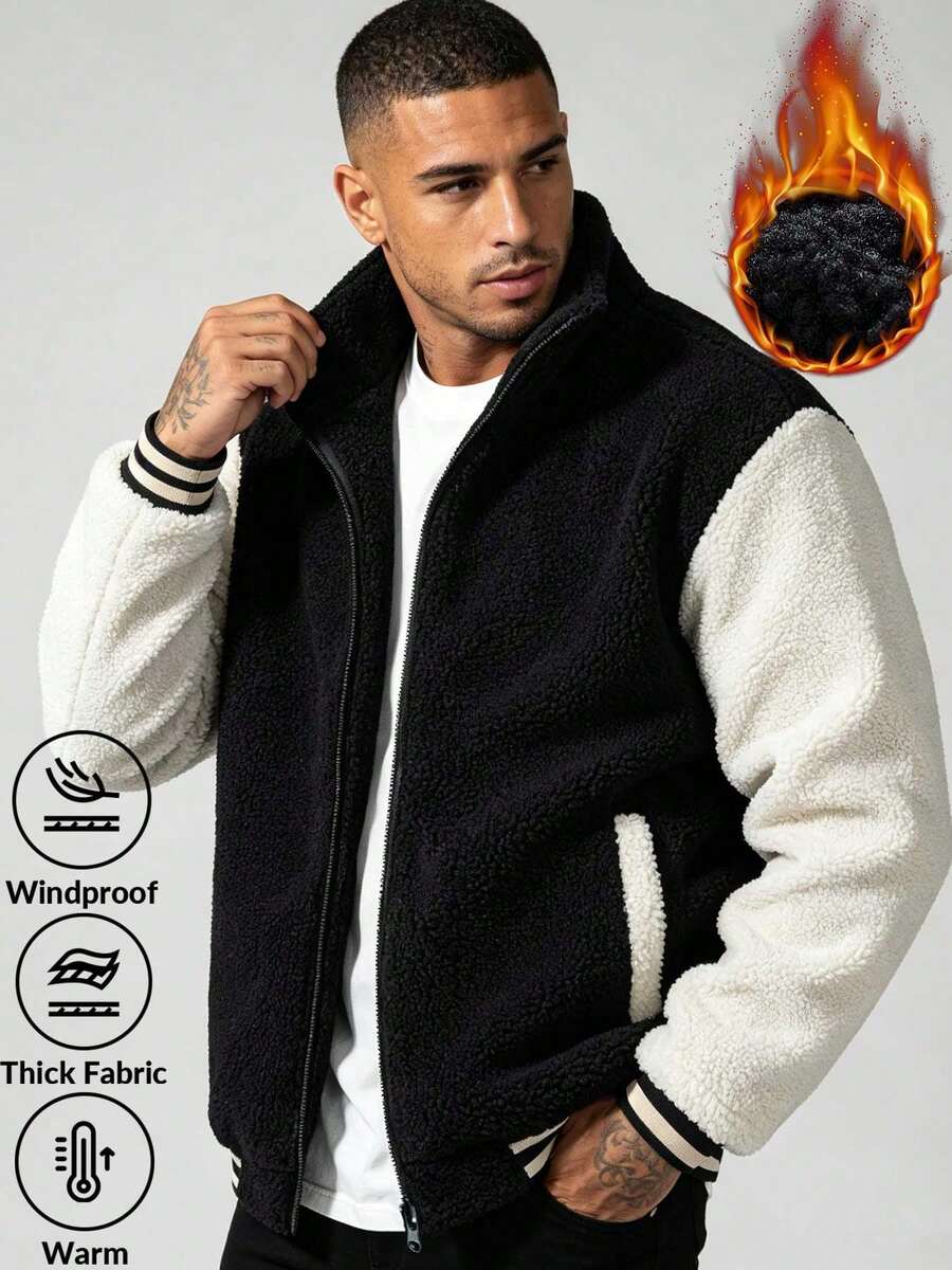 Unisex Color Block Plush Sherpa Outerwear Featuring Full Zip Front, Ribbed Cuff Hem Detail, Mixed Black Off White Panel Design Soft Loose Jacket - Black - View 1