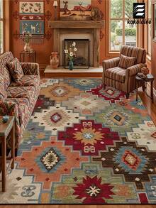 1pc Ultra Soft Crystal Velvet Carpet, Vintage Persian Style Bohemian Rug - Soft, Non-Slip, Machine Washable Polyester Mat With Colorful Geometric Pattern - Multicolor 13 - View 24