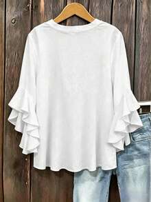 Plus Size Women's Solid Color Ruffle Sleeve V-Neck Blouse White - White - View 3