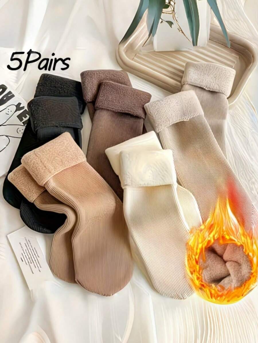 1pair/3pairs/5pairs Winter Snow Boots Socks, Warm Thick Soft Comfortable, Solid Color Home Socks, Suitable For Autumn/Winter Indoor Wear - Multicolor - View 1
