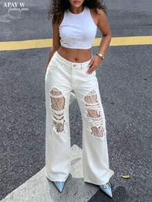 Jeans casuales de mujer de cintura baja, blancos, holgados, con patchwork de encaje y efecto desgastado, para otoño - Blanco - Ver 5