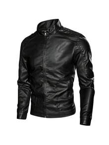 Men's PU Leather Slim Fit Zipper Casual Motorcycle Jacket - Black - View 4