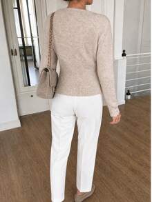 Women's Elegant Autumn/Winter New V-Neck Lace Trim Vintage Pullover Button-Up Date Sweater Fall - Apricot - View 5