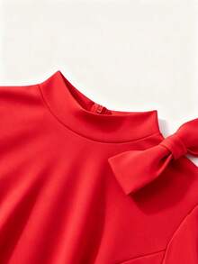 NOU Elegant Lady Style Bow Tie Small Stand Collar Cap Sleeve Short Sleeve A-Line Waist-Defining Mid-Length Dress For Women, Flattering Proportion, - Red - View 9