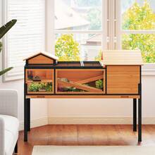 PawHut Tortoise House With 2 Rooms, Wooden Reptile Enclosure Habitat With Clear Windows, Ramps, Openable Top, Built-In Tray, With Stand Legs For Indoor Use, Yellow - M - View 8