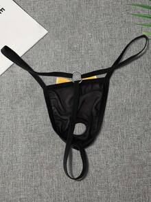 Men's Mesh Semi-Sheer Bowknot Sexy Comfortable Breathable Elastic Waist Thong With Small Ring And Small Bow Decor - Yellow - View 2