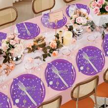 75PCS Happy Birthday Paper Plates And Napkins Set-Disposable And Sliver 7IN Party Dessert Plates 6.5IN Napkins Gold Forks Tableware Set For Birthday Wedding Graduation Party Decoration Serve 25 - Purple - View 9