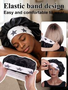 Star Print Wide Band Satin Bonnet For Sleeping - Soft Silk Nightcap Hair Wrap For Curly Hair, Hair Care Sleep Hat For Women - Large Single Layer - View 4