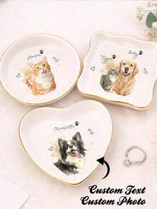Custom Pet Photo Ring Tray L Size Personalized Watercolor Dog Portrait Ceramic Jewelry Storage Dish - Multicolor - View 1
